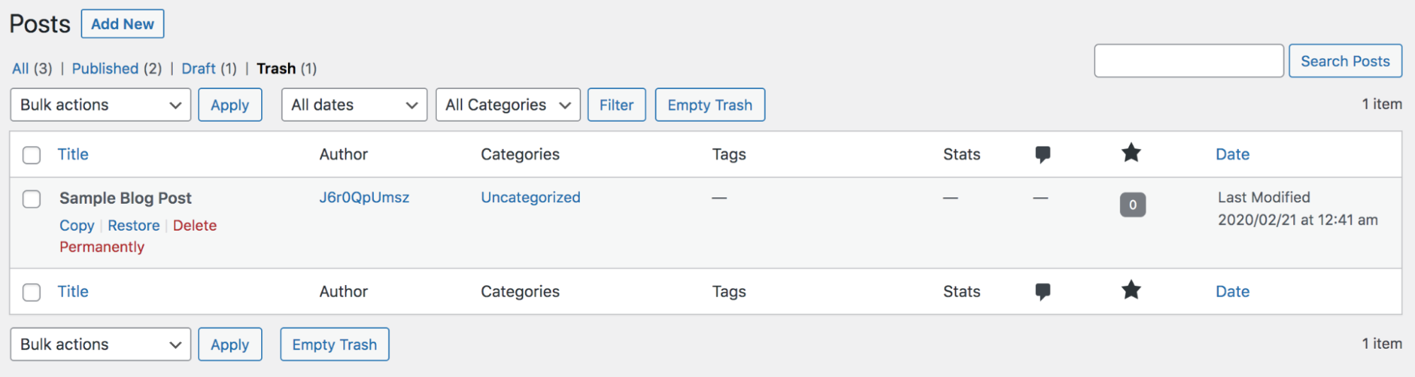 options to restore a blog post from the trash