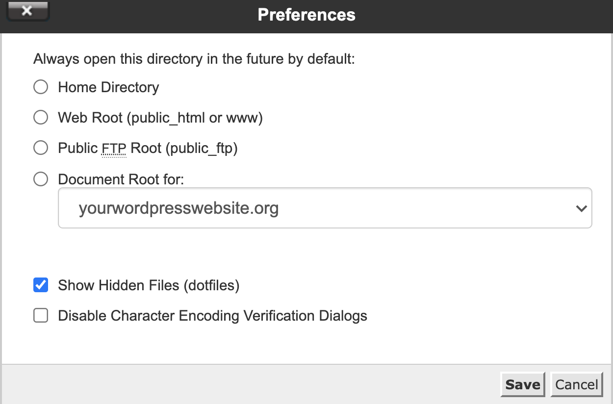 opción para mostrar archivos ocultos en cPanel