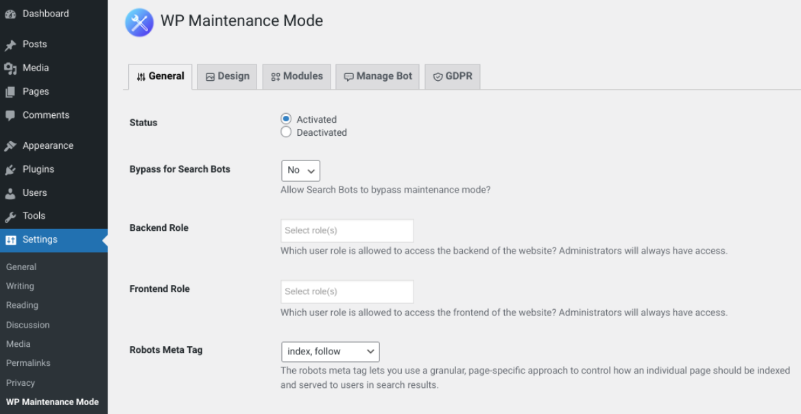 WP Maintenance Mode plugin settings