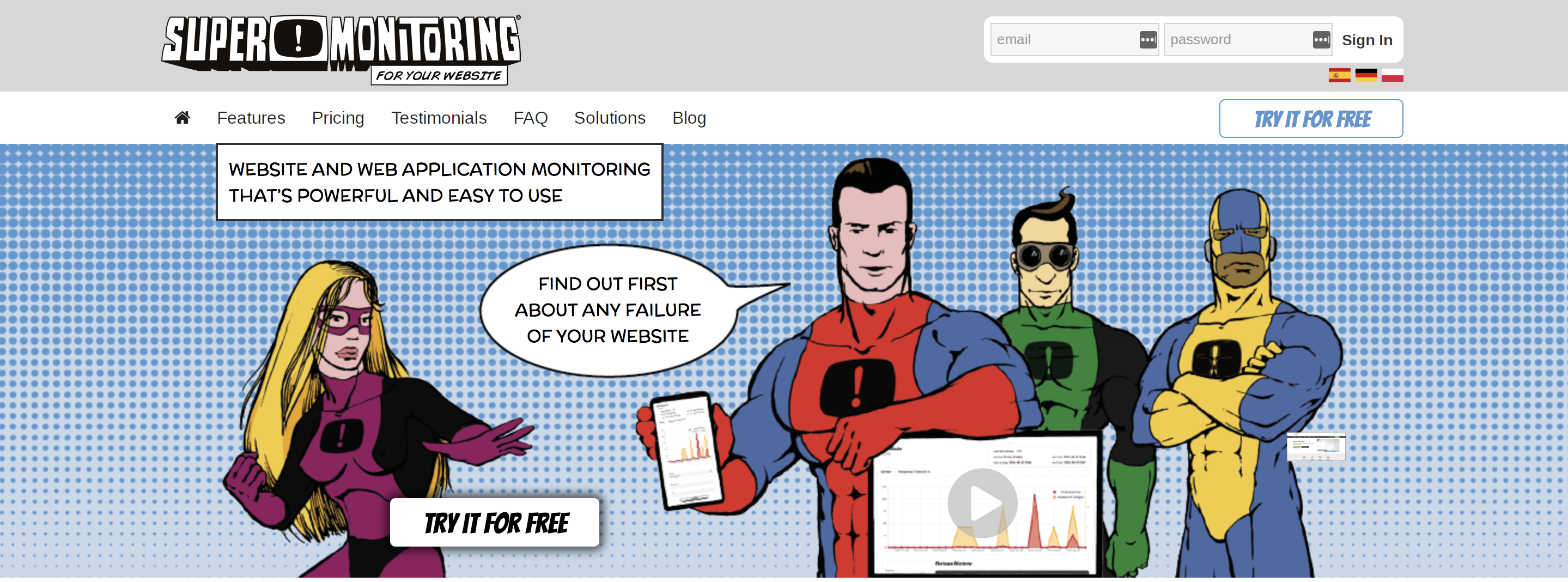 Sitio web de Super Monitoring con ilustraciones de superhéroes 