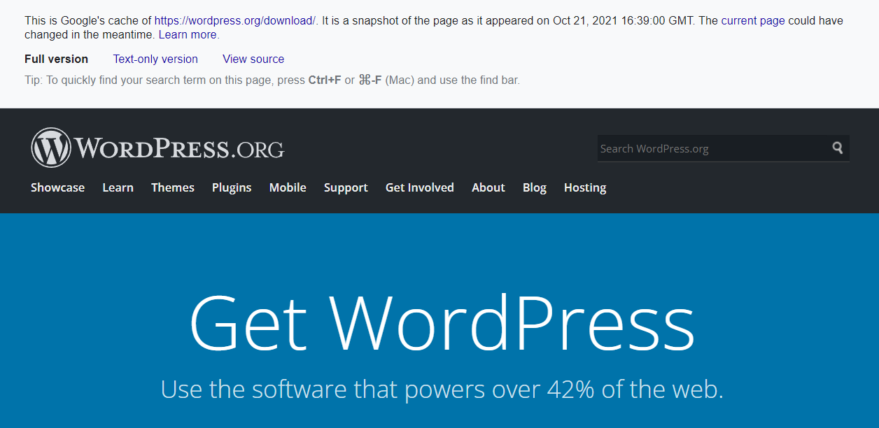 WordPress.org site shown in Google Cache