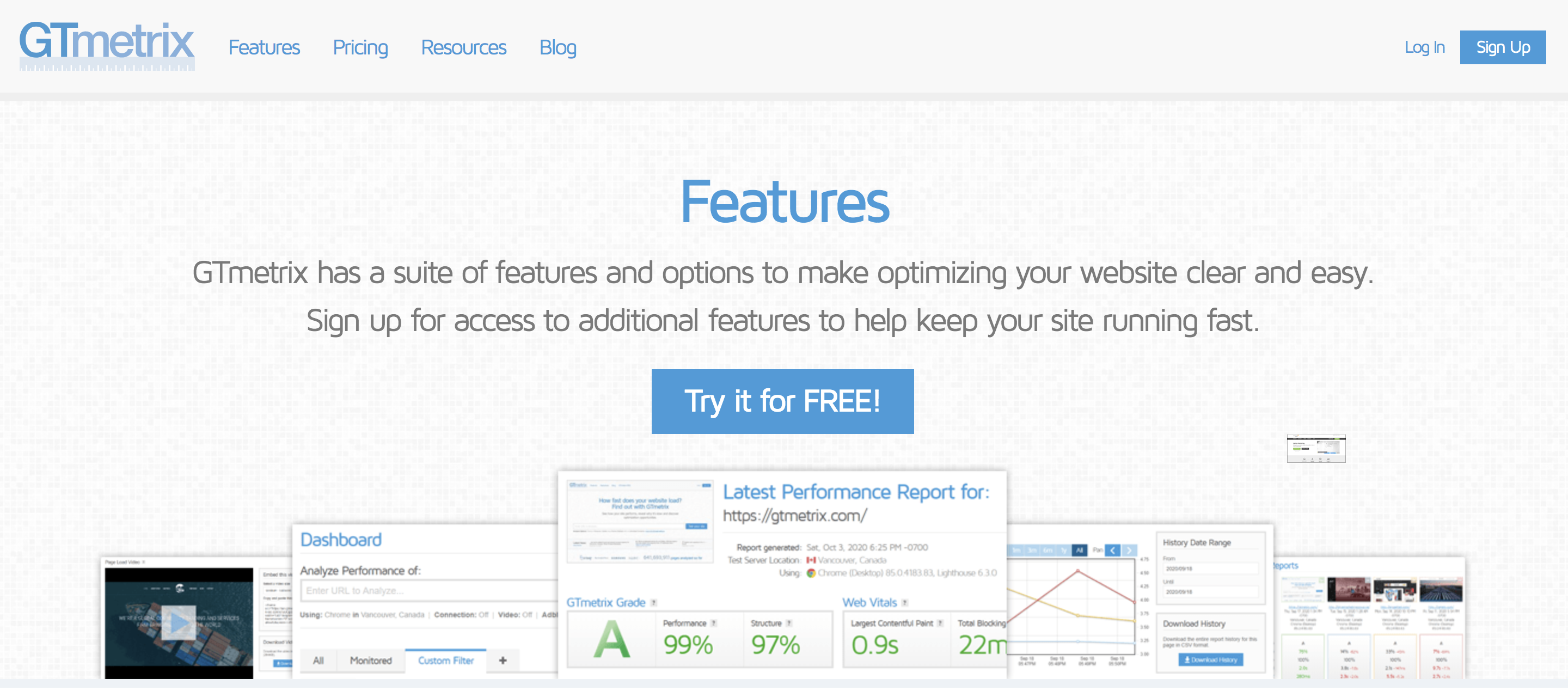 GTmetrix features page with screenshots of the platform