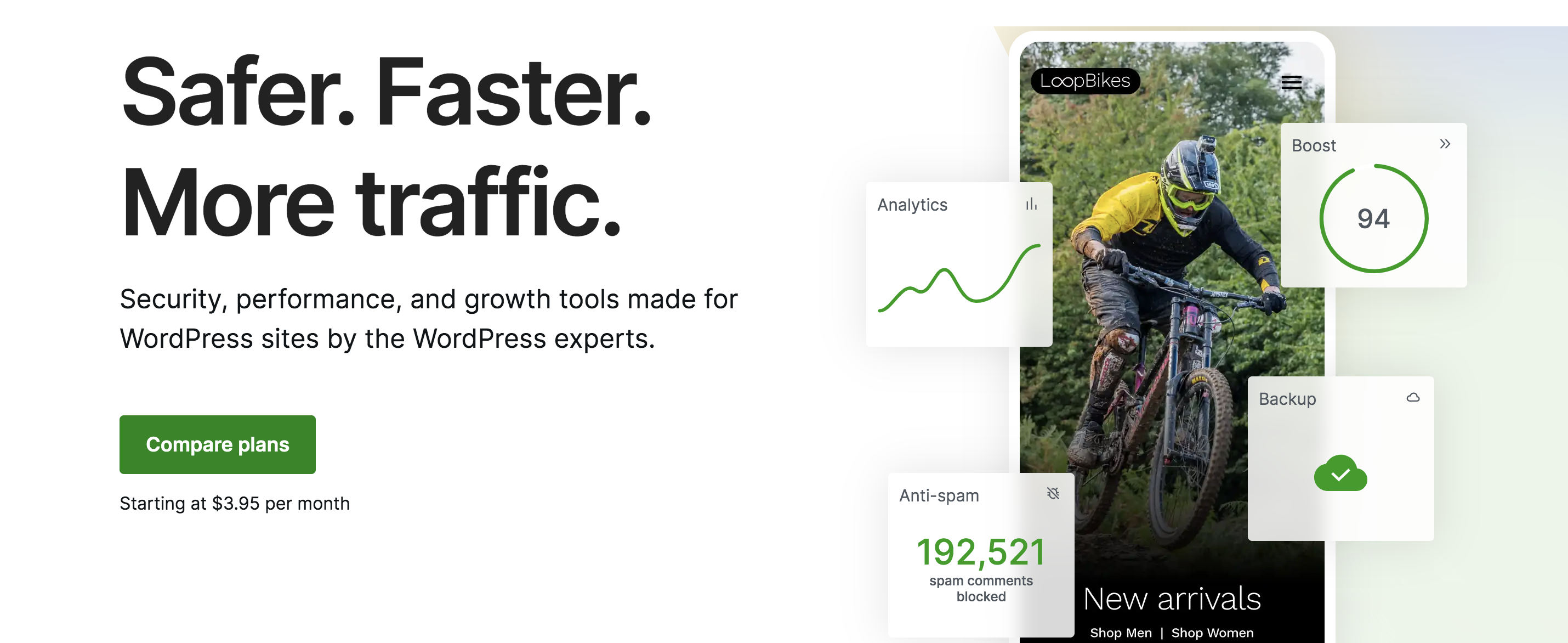 Jetpack homepage with text about safer, faster, and more traffic