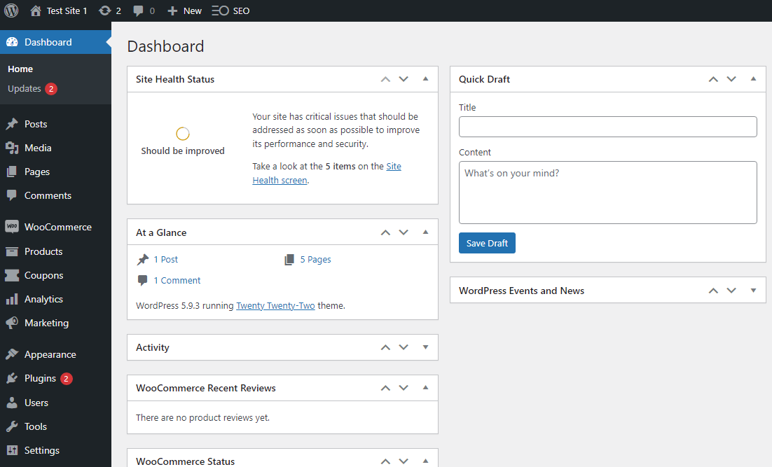 a view of the WordPress dashboard