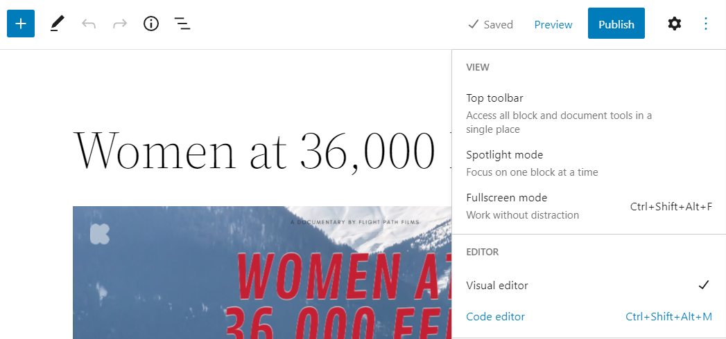switching to the Code Editor in WordPress