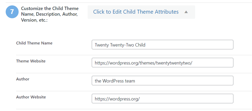 choosing attributes for the child theme
