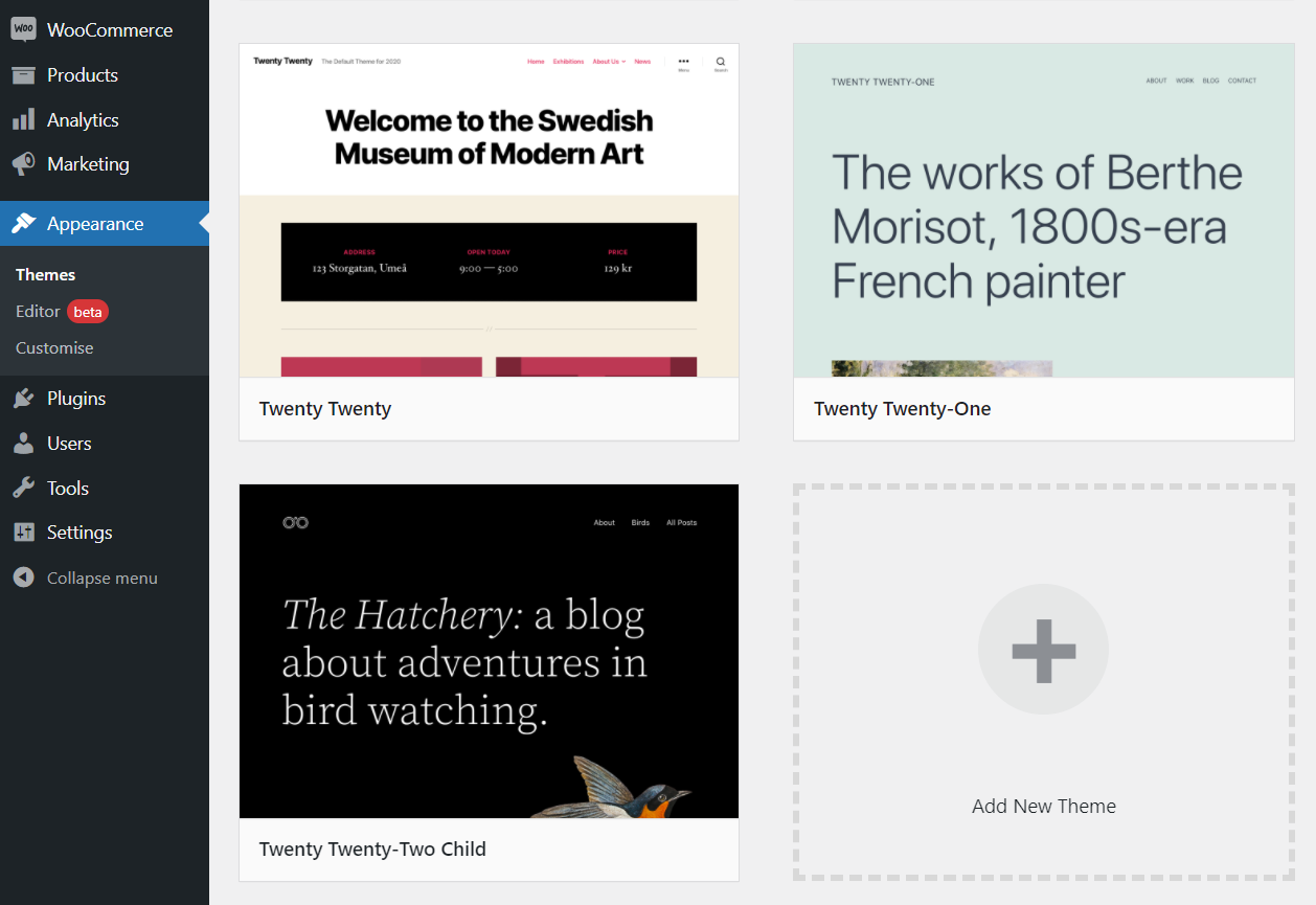 child theme in the list of WordPress themes