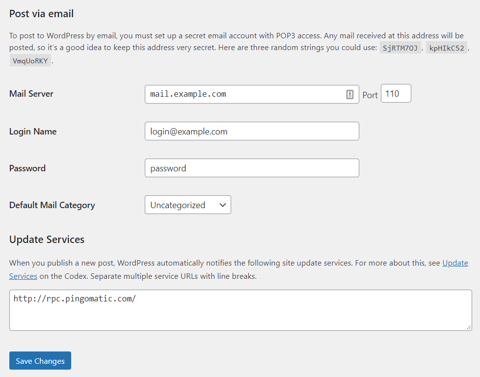 post via email options in WordPress