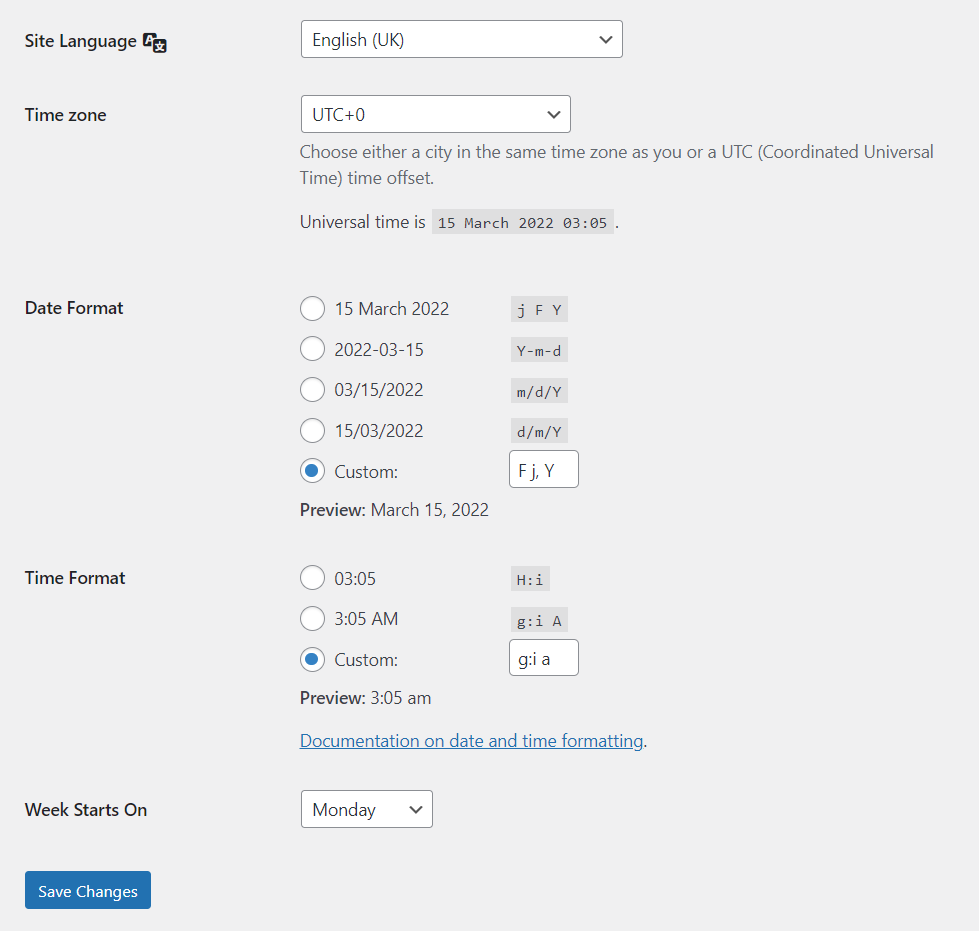 WordPress options for language, date, and time