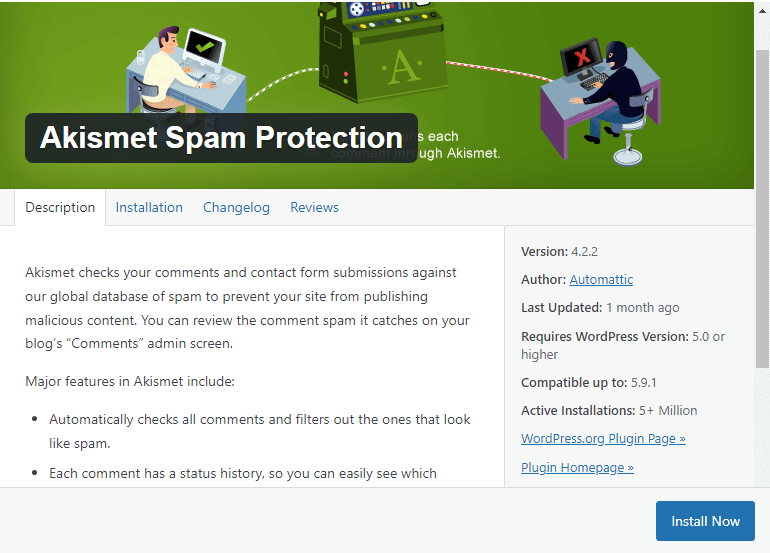 Plugin version compatibility Akismet plugin page showing WordPres requirements