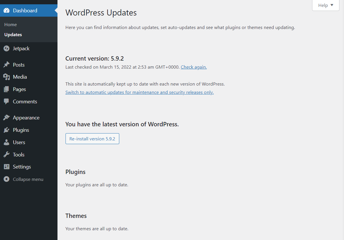 available WordPress updates on a site