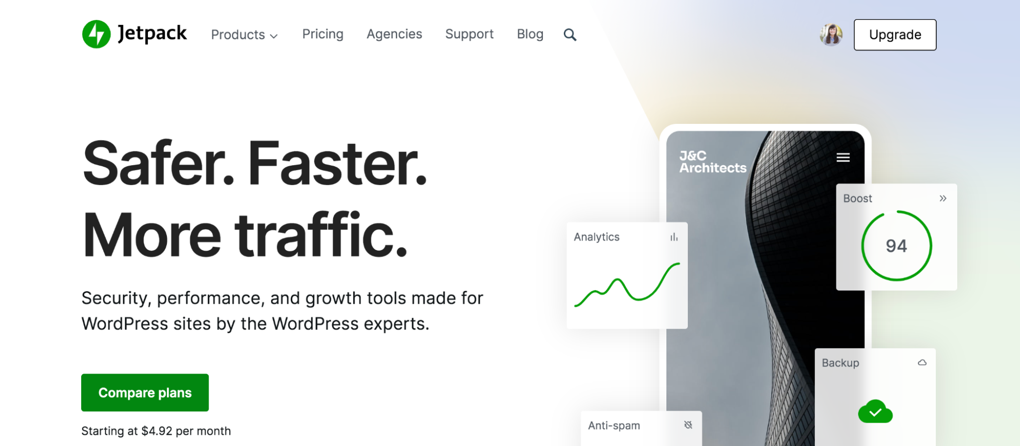 Jetpack landing page with the tagline "Safer. Faster. More traffic."