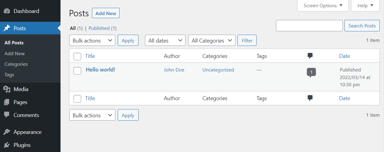 list of posts on a WordPress site