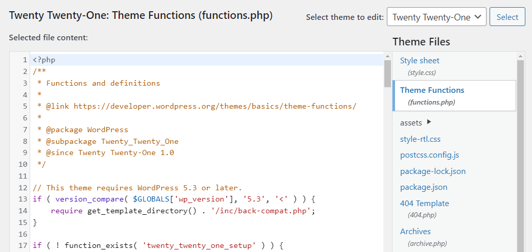 editing the functions.php file in the theme editor
