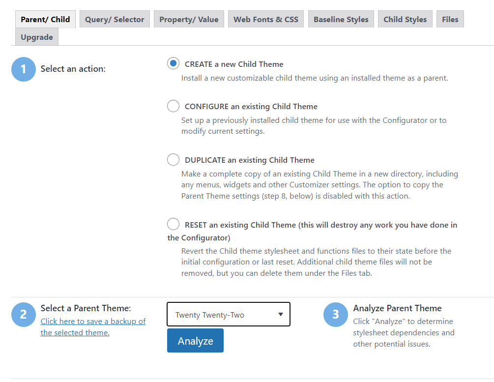 initial settings for creating a child theme