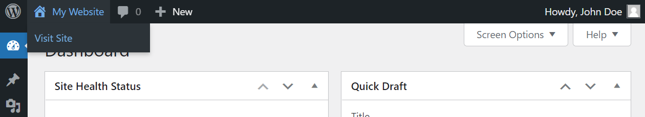 Visit Site link in the WordPress dashboard