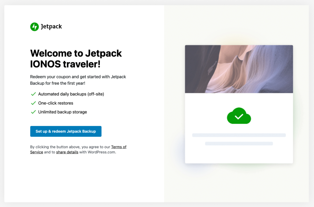pantalla de bienvenida de IONOS y Jetpack