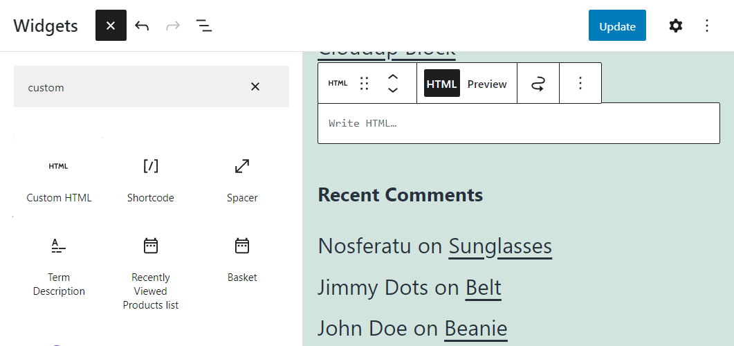 adding the custom HTML block in WordPress