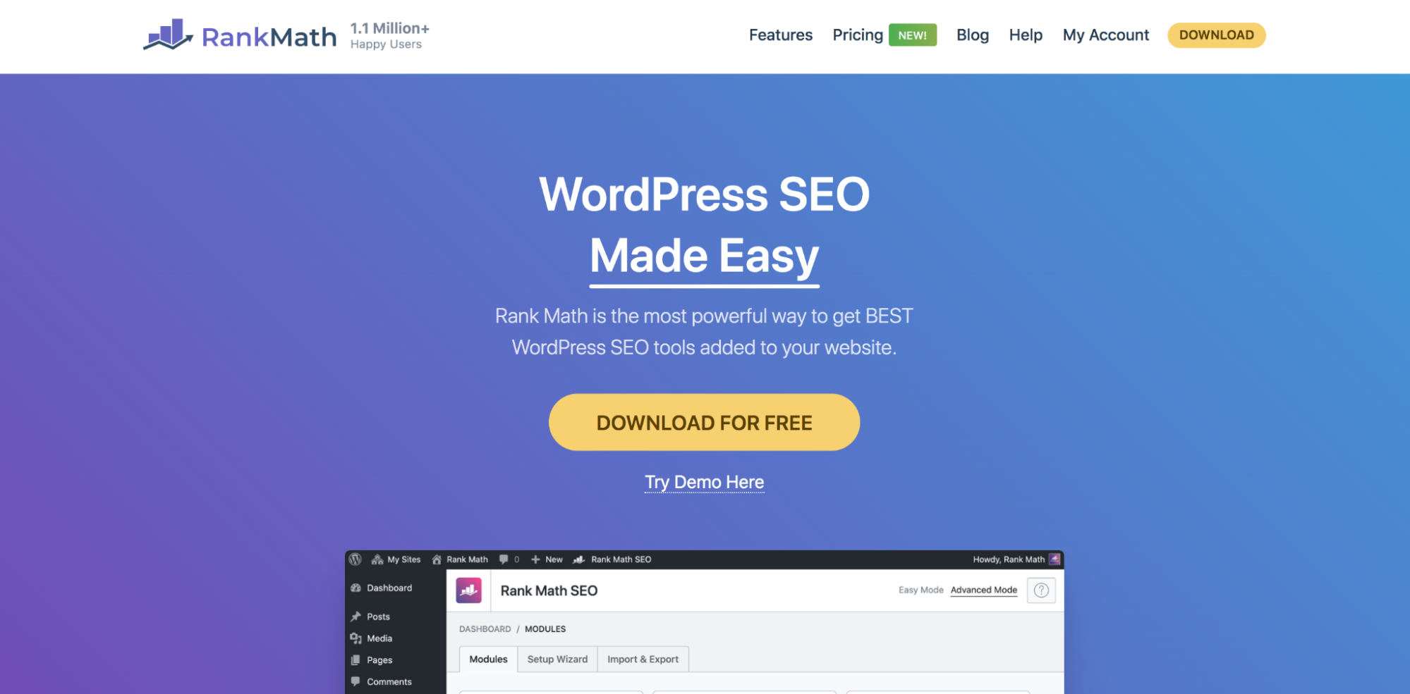 Rank Math homepage with the tagline "WordPress SEO Made Easy."