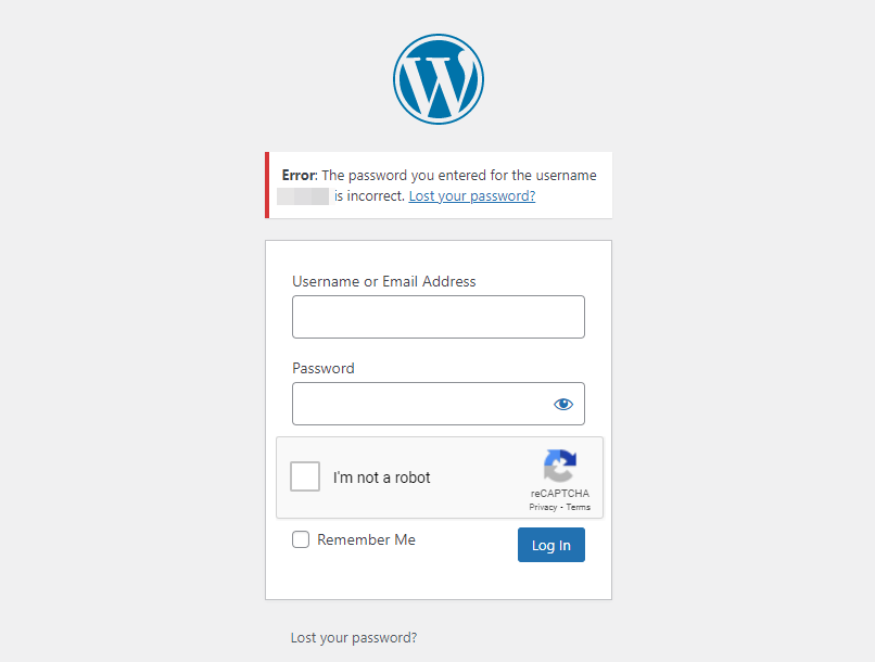 incorrect password error message in WordPress