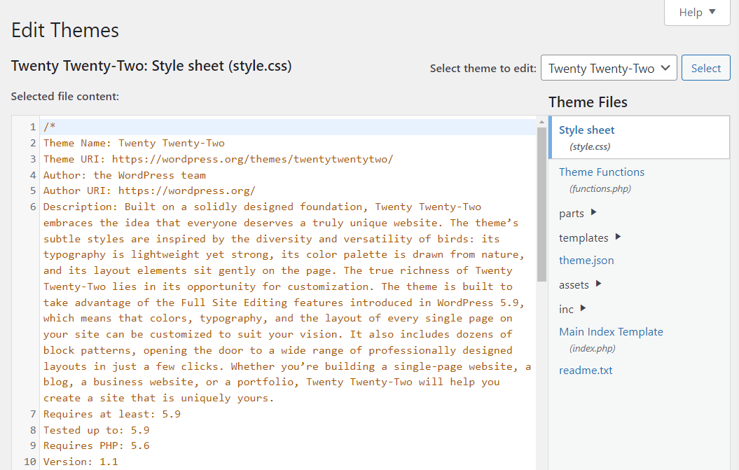 editing style.css with the theme file editor