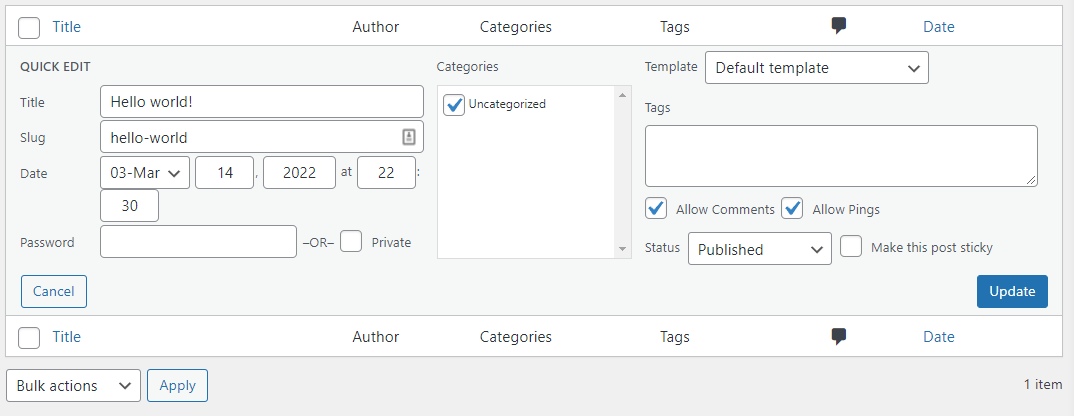 the quick edit screen for a post