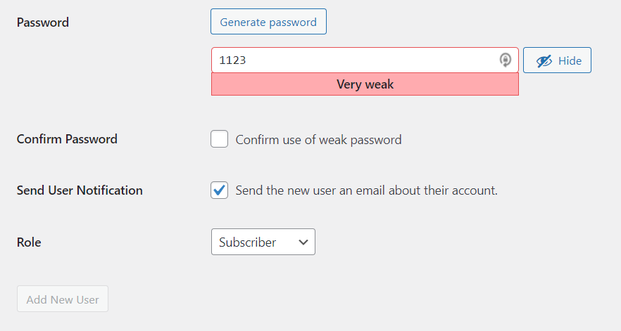 WordPress notification of a weak password