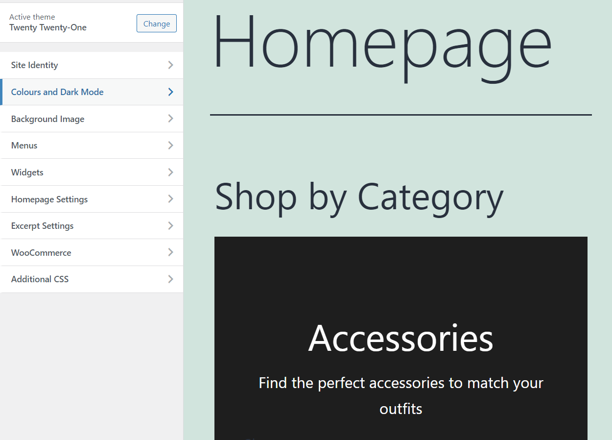 the WordPress customizer with settings
