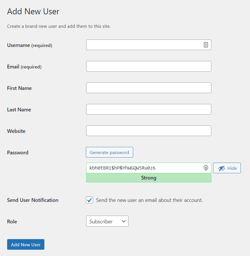 adding a new user in WordPress
