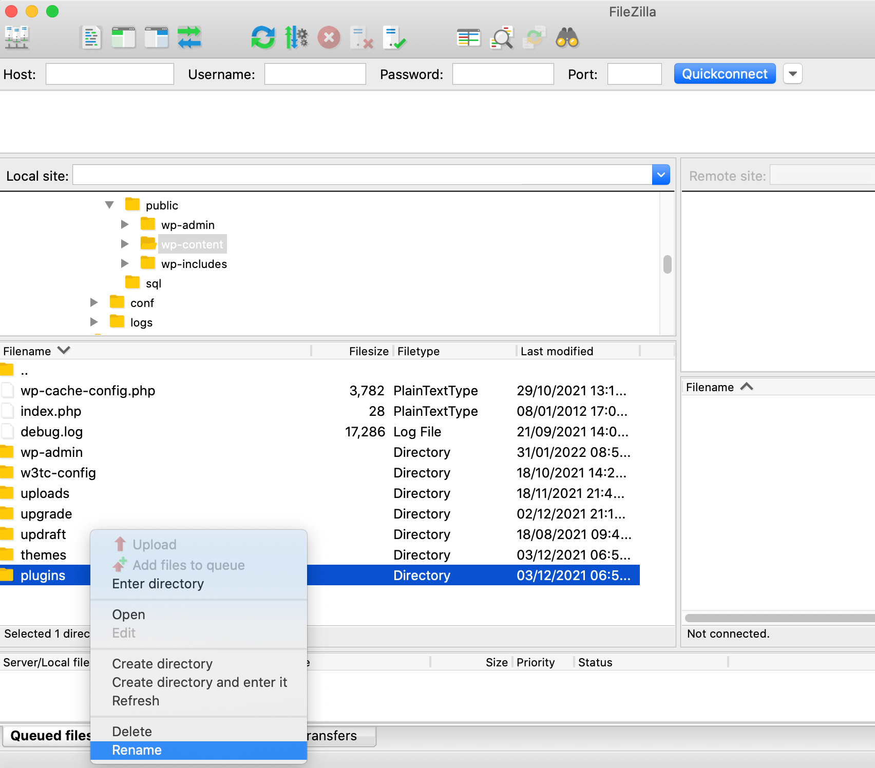 wp-content folder accessed via FTP