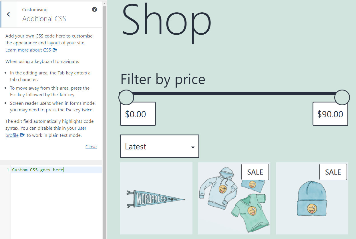the Additional CSS area of the WordPress Customizer