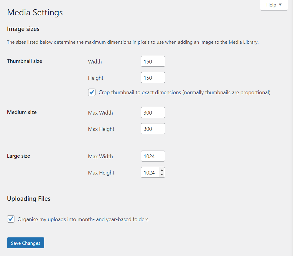 WordPress media settings