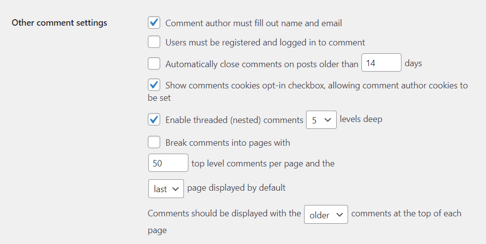 other comment settings in WordPress
