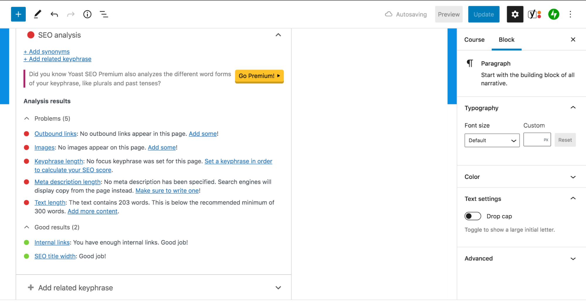 SEO analysis for a post with Yoast