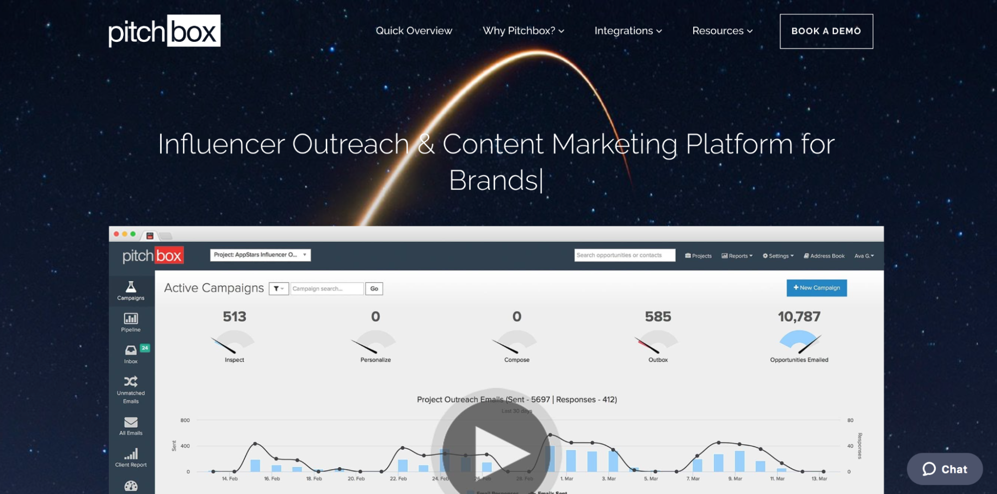 Pitchbox homepage with screenshots of their platform