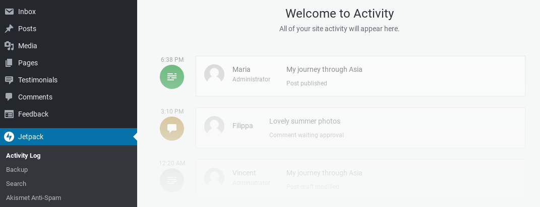 Jetpack activity log in WordPress
