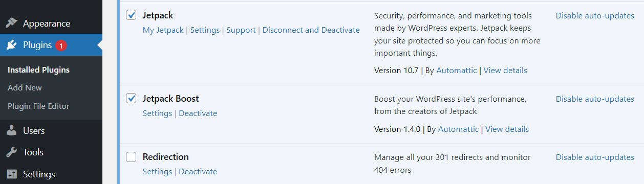 deactivating WordPress plugins