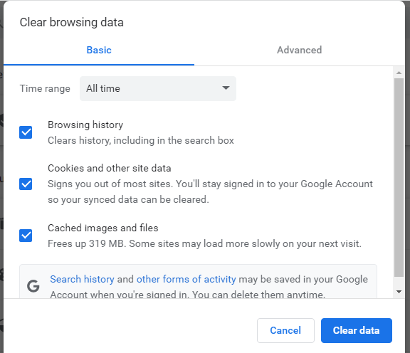 options for clearing your browser cache in Chrome
