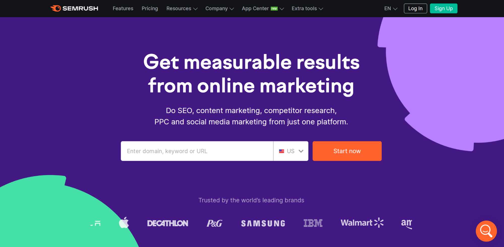 Semrush homepage with a search bar for your website