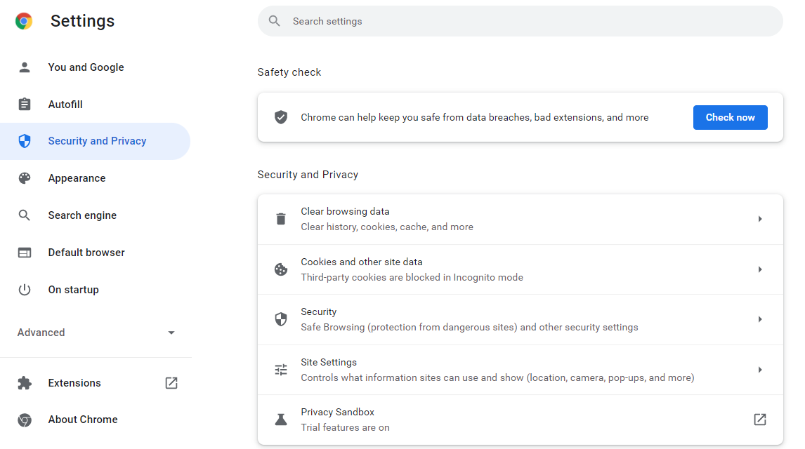 security and privacy settings in Chrome