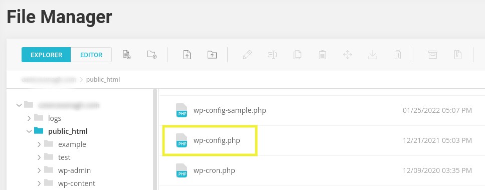 wp-config.php file highlighted in File Manager