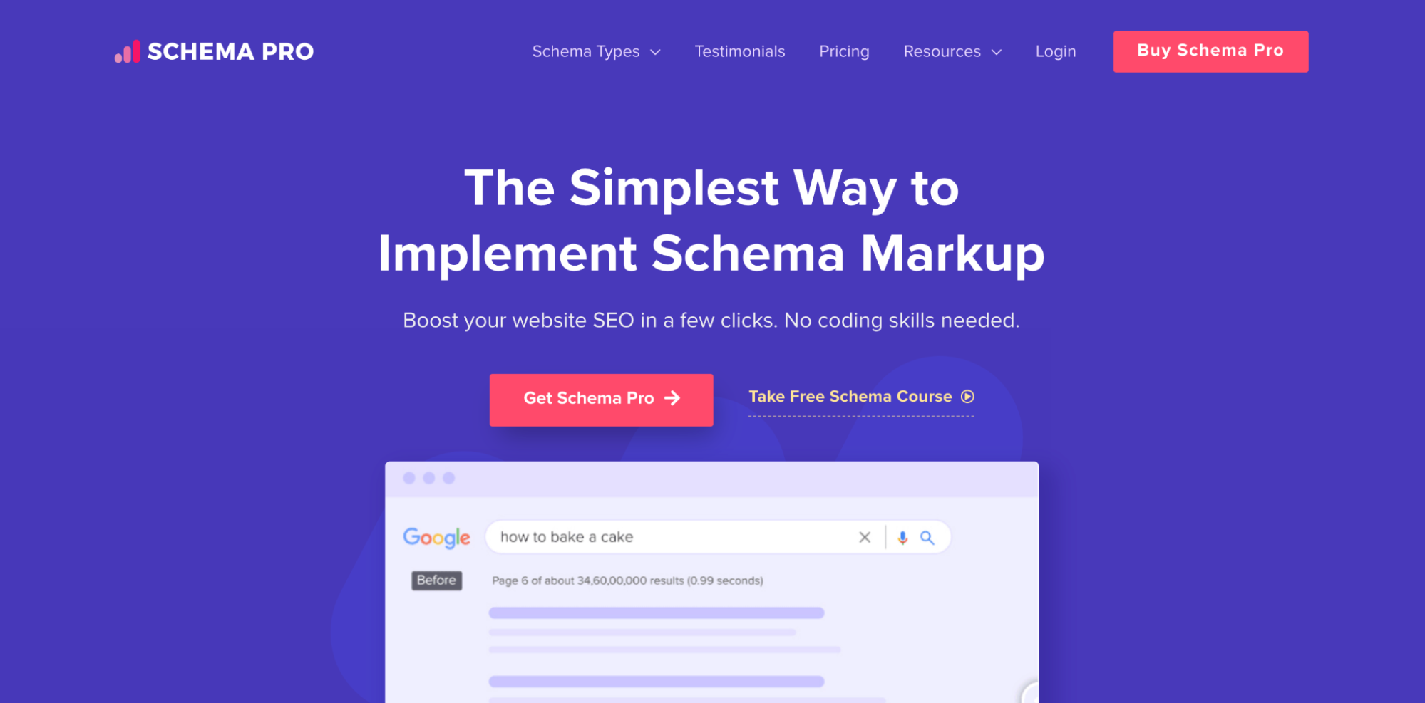 Schema Pro homepage with details about the plugin