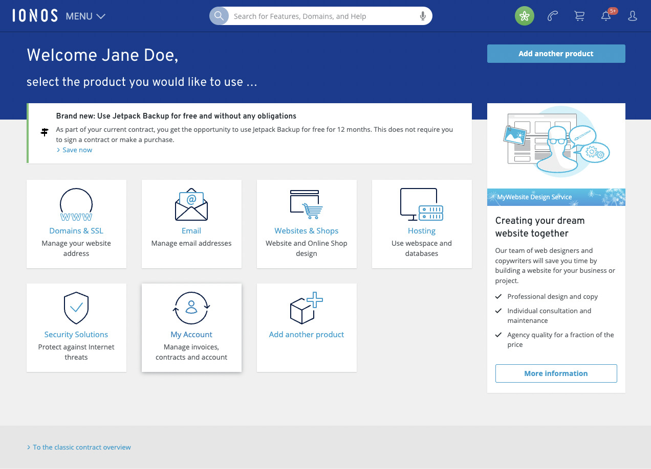 IONOS dashboard with a coupon for Jetpack Backup