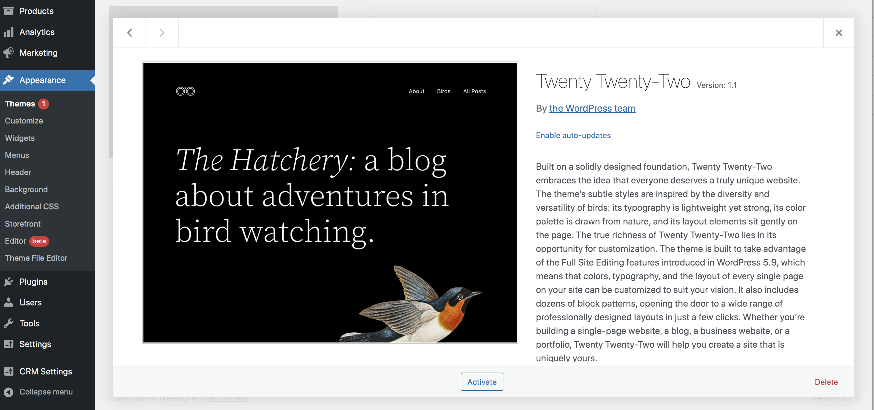 Twenty Twenty-Two theme in the WordPress dashboard