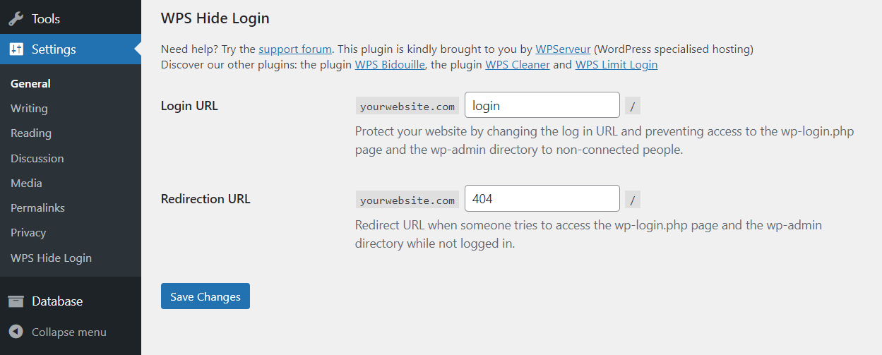 settings for changing the WordPress login URL