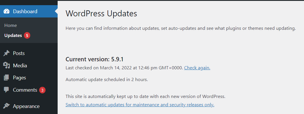 comprobación de la versión actual de WordPress en el escritorio