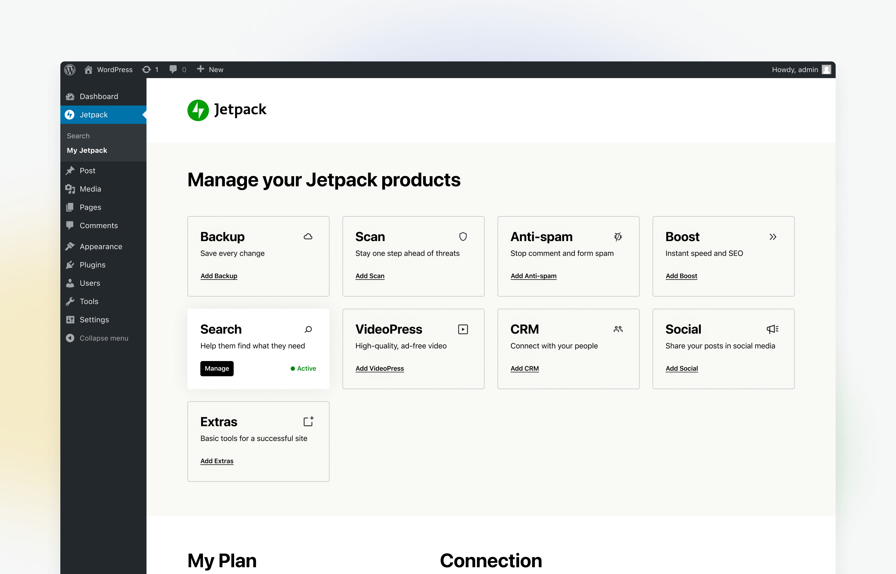 My Jetpack screen to manage all of our Jetpack products in once place.