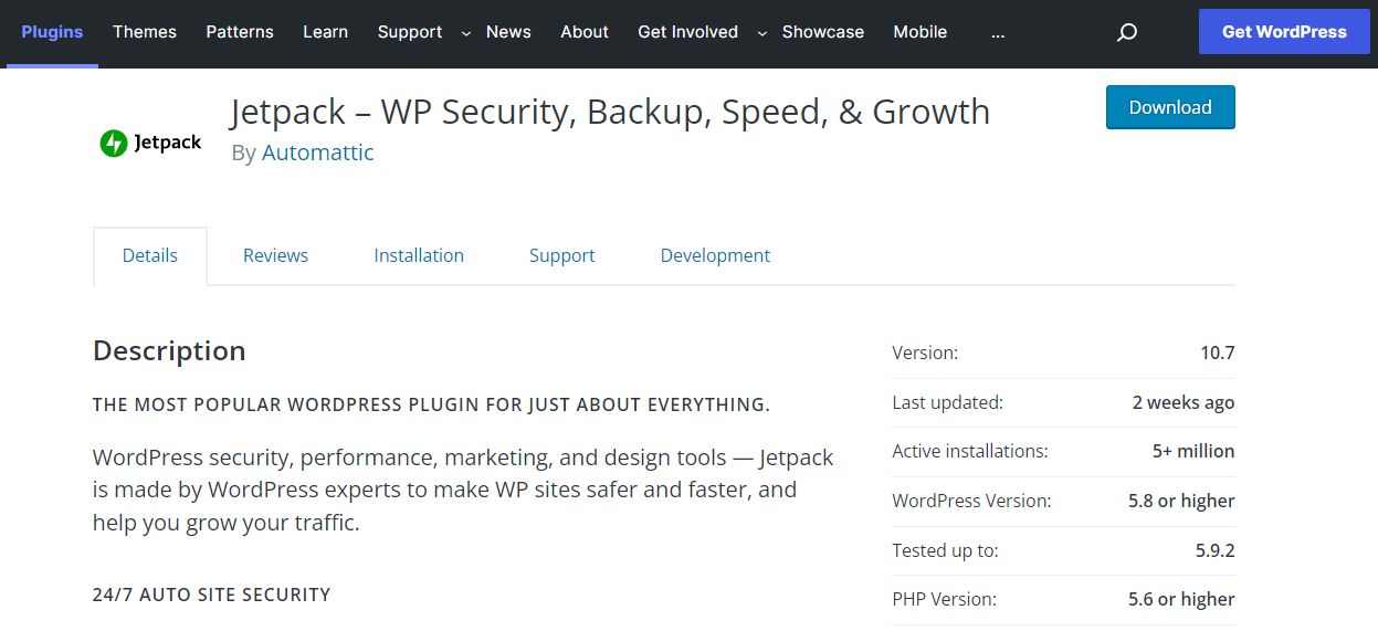 Listado de Jetpack en el repositorio de plugins de WordPress