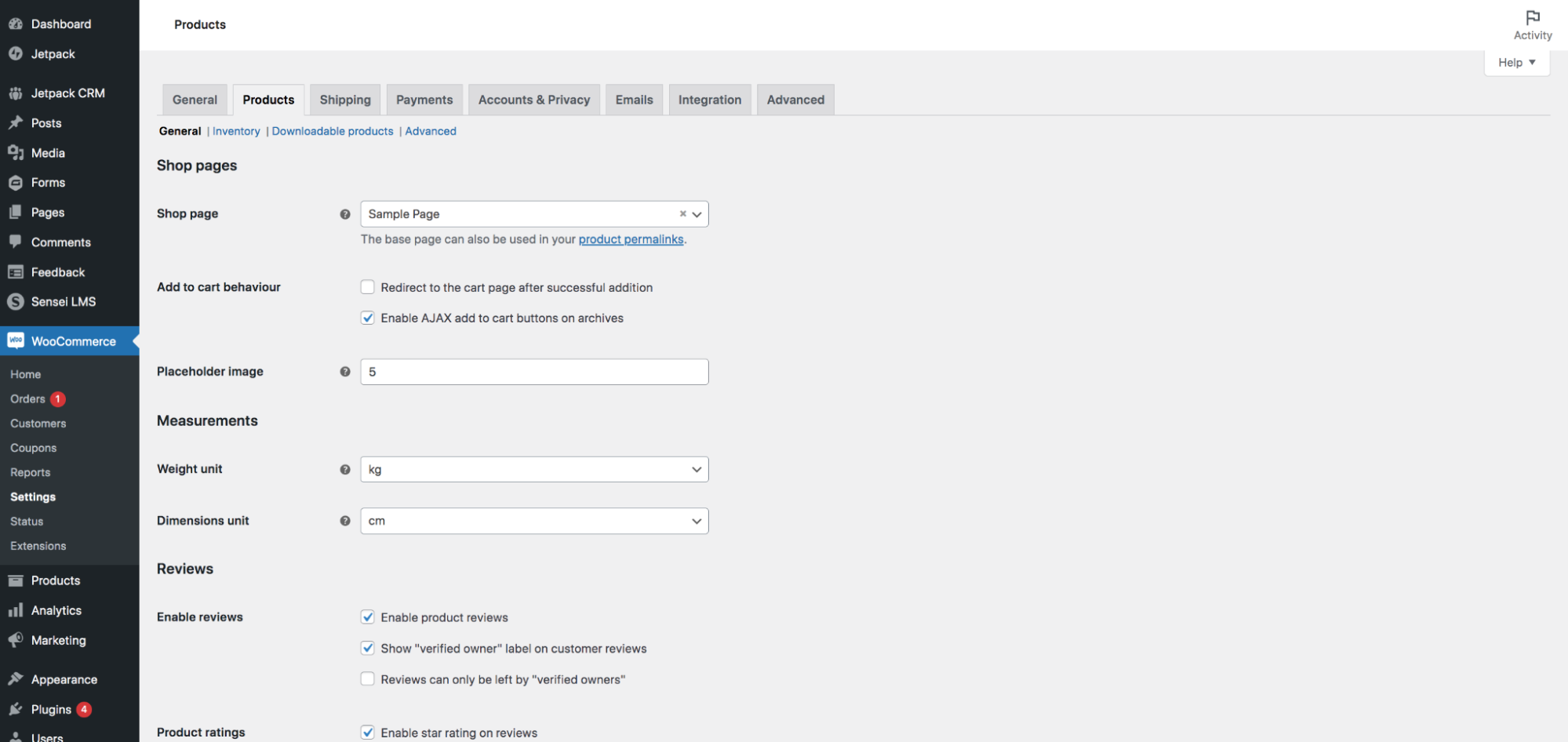 WooCommerce settings in the dashboard