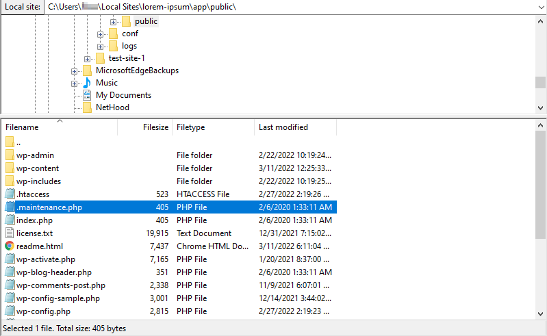 finding the .maintenance file with Filezilla